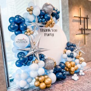 แบคดรอปลูกโป่ง ฉากลูกโป่ง Corporate Events Balloon Backdrop - Thank you Party - Blue & Silver