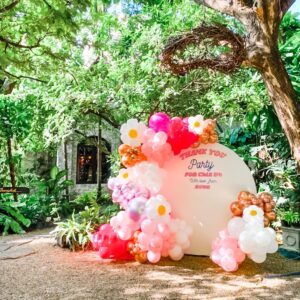 แบคดรอปลูกโป่ง ฉากลูกโป่ง Corporate Events Balloon Backdrop - Floral Party - Pink & Rose Gold