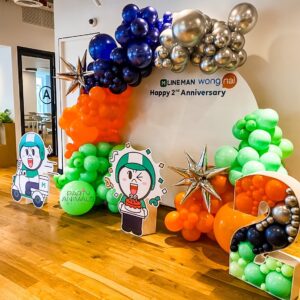 แบคดรอปลูกโป่ง ฉากลูกโป่ง Corporate Events Balloon Backdrop - Line Man Wongnai Happy 2nd Anniversary - Green & Navy