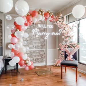 แบคดรอปลูกโป่ง ฉากลูกโป่ง Marriage Proposal Balloon Backdrop - Will you Marry me? - Pink & Rose Gold