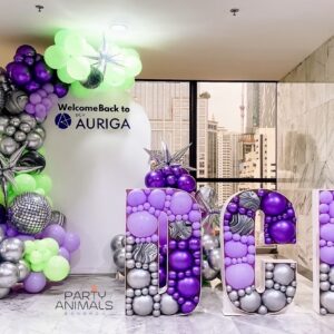 แบคดรอปลูกโป่ง ฉากลูกโป่ง Corporate Events Balloon Backdrop - DCH Welcome - Green & Purple Mosaic Balloons