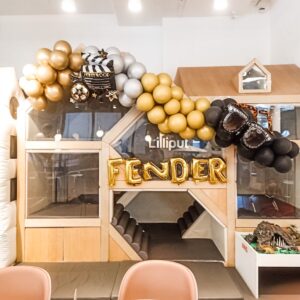 แบคดรอปลูกโป่ง ฉากลูกโป่ง Kid's Birthday Balloon Backdrop - Fender is the rocking ONE! - Black & Gold