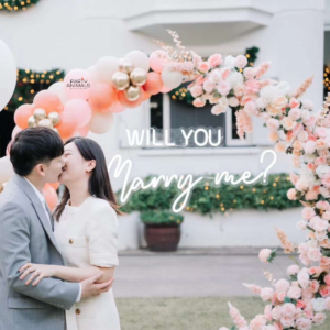 แบคดรอปลูกโป่ง ฉากลูกโป่ง Marriage Proposal Balloon Backdrop - Will you Marry me? - Pink & Rose Gold