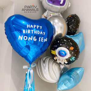 ลูกโป่งวันเกิด ลูกโป่งเซอร์ไพรส์ Birthday Balloon - 24" Blue Heart & Astronaut Sci-Fi Space Balloon Set (with helium) (11 pcs)