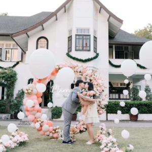 แบคดรอปลูกโป่ง ฉากลูกโป่ง Marriage Proposal Balloon Backdrop - Will you Marry me? - Pink & Rose Gold