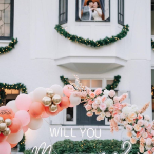 แบคดรอปลูกโป่ง ฉากลูกโป่ง Marriage Proposal Balloon Backdrop - Will you Marry me? - Pink & Rose Gold
