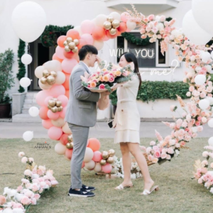 แบคดรอปลูกโป่ง ฉากลูกโป่ง Marriage Proposal Balloon Backdrop - Will you Marry me? - Pink & Rose Gold