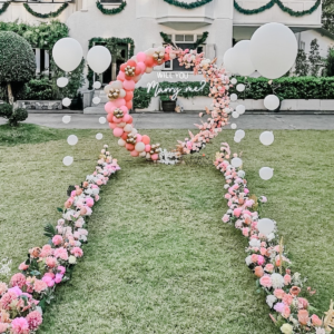แบคดรอปลูกโป่ง ฉากลูกโป่ง Marriage Proposal Balloon Backdrop - Will you Marry me? - Pink & Rose Gold
